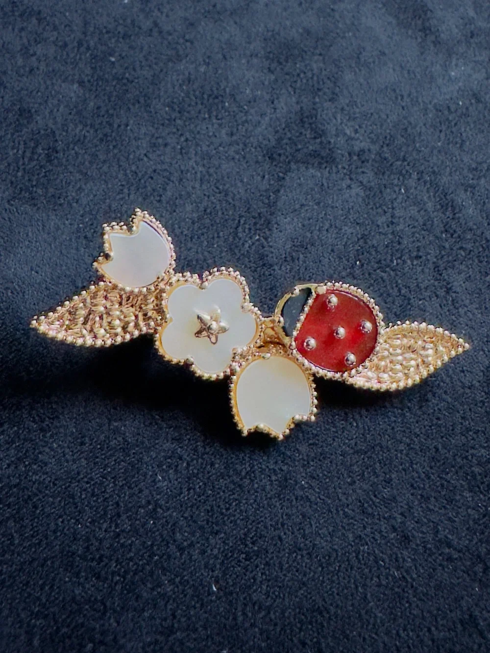Gold Floral Leaf Barrette with White and Red Accents